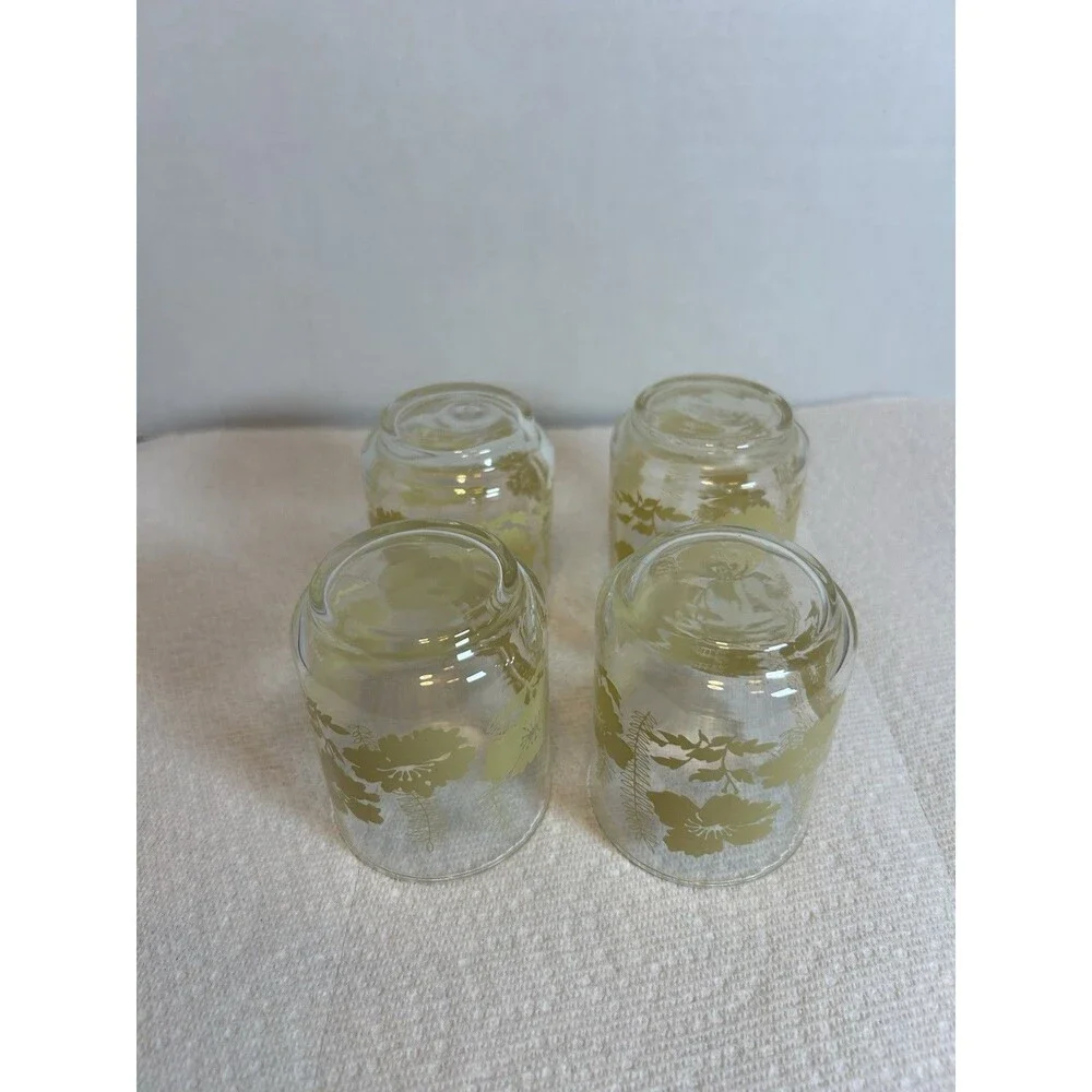 Vintage 70’s Libbey Yellow Hibiscus Fern Juice Glasses Set of 4 Retro Floral MCM